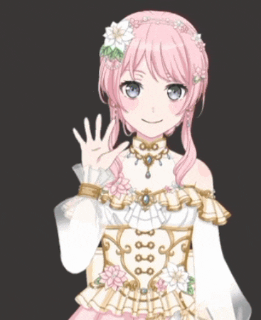 a girl with pink hair and white flowers on her head is waving