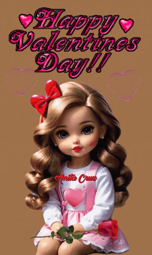 a happy valentine 's day card with a doll