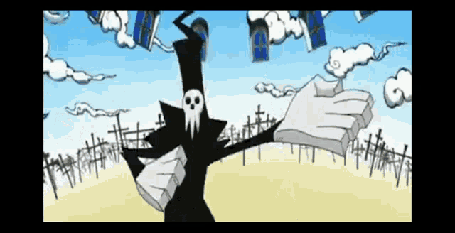 a cartoon character with a skull on his head is standing in a cemetery