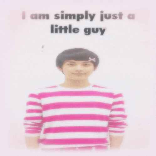 a boy in a pink and white striped shirt with the words " i am simply just a little guy "