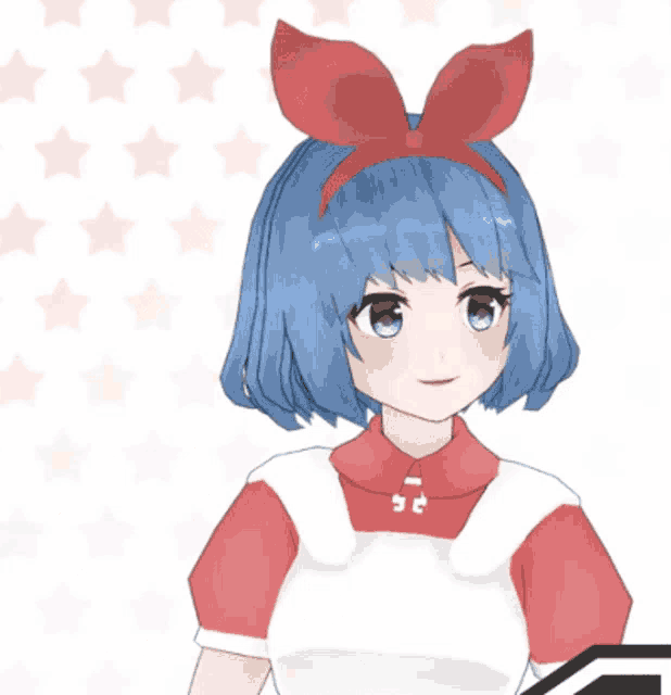a girl with blue hair wearing a red headband