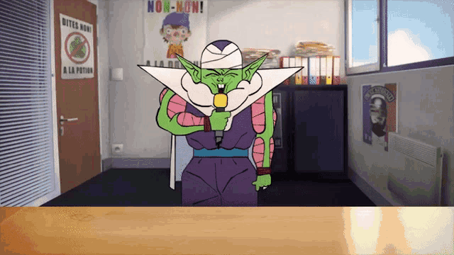 a cartoon character holding a microphone in front of a poster that says non-non