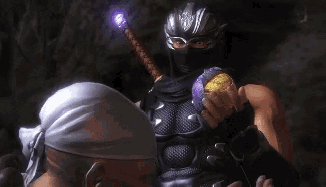 a man in a ninja costume is holding a sword and a purple object in his hands .