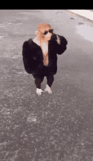 a person wearing a fur coat and sunglasses is walking on a wet surface