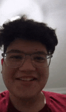 a young man wearing glasses and a red shirt smiles for the camera .
