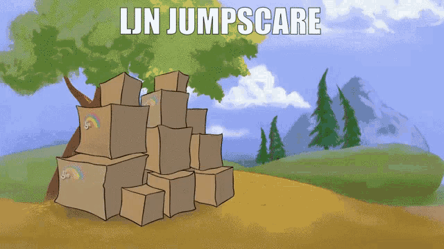 a bunch of cardboard boxes are stacked on top of each other with the words lijn jumpscare written above them
