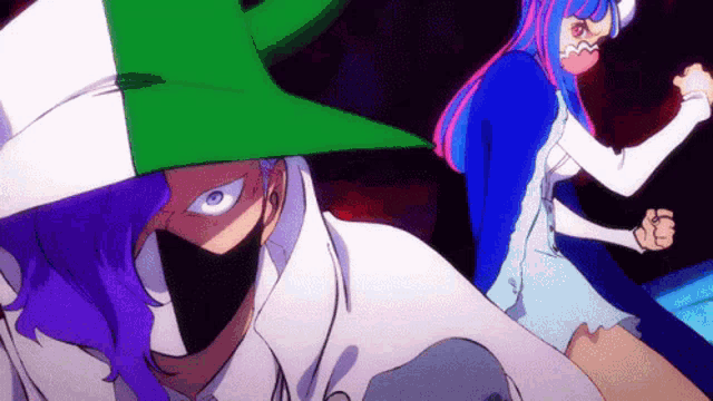 a man with purple hair and a green hat is standing next to a girl with blue hair and a white dress .