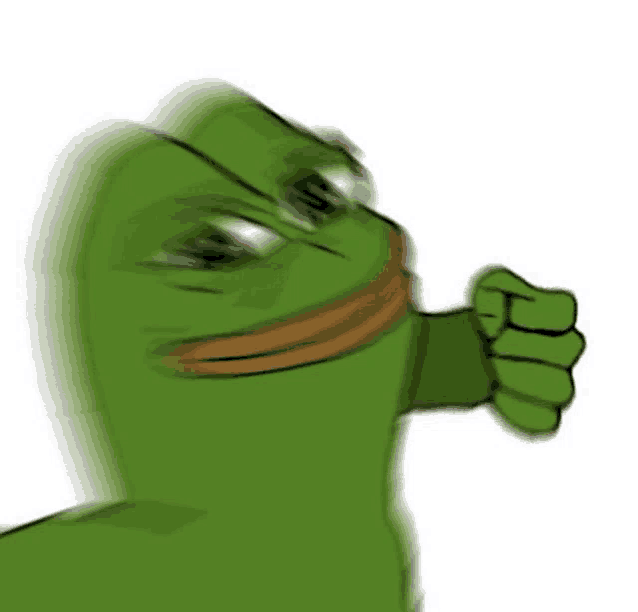 a green frog with a fist in its mouth is making a funny face .