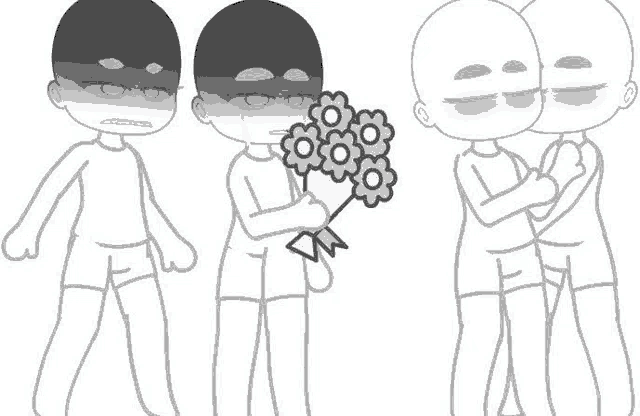 a couple of drawings of a man holding a bouquet of flowers and a woman kissing him .