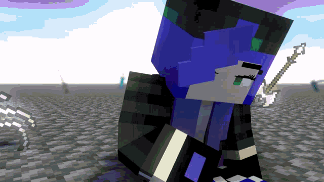a minecraft character with blue hair and green eyes is holding a guitar