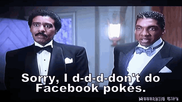two men in tuxedos say sorry i d-d-d-don 't do facebook pokes