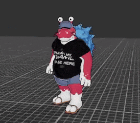 a cartoon character is walking on a checkered floor wearing a black shirt that says `` everybody else '' .