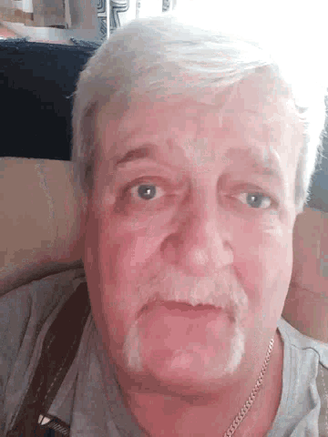 a man with gray hair and a beard is looking at the camera