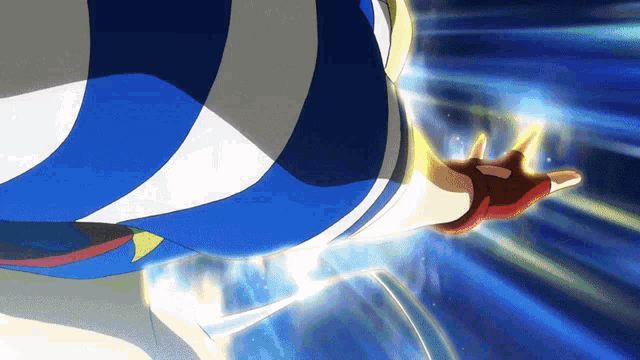 a blue and white striped shirt with a red glove on