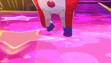 a clown with a red nose is walking on a purple floor