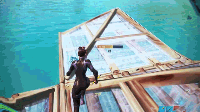 a person in a video game is standing on a wooden structure in the water
