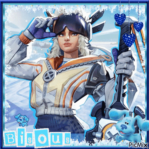 a picture of a woman holding a ski pole with the words bisous written on the bottom