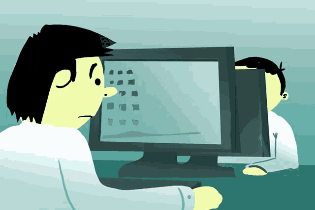 a cartoon drawing of a man looking at a computer monitor