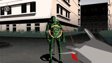 a cartoon drawing of a zombie with a target in the center
