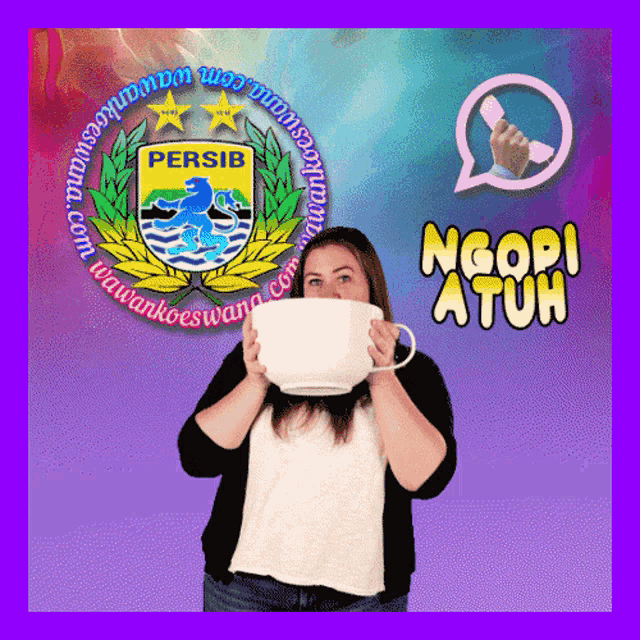 a woman is holding a large white bowl with the word persib on it