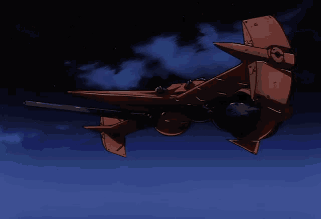 a red plane with a gun on the side is flying in the night sky