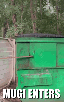 a green dumpster with the word muggi enters on it