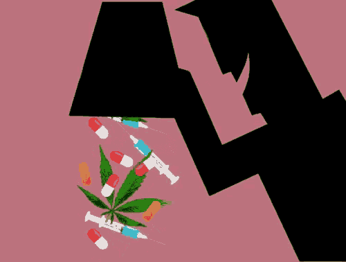 a silhouette of a person with pills and syringes falling out of their mouth