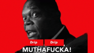 a black and white photo of a man with the words " drip muthafucka " below him