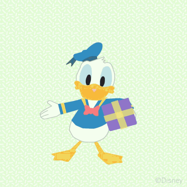 a cartoon of donald duck holding a gift box with the words surprise behind him