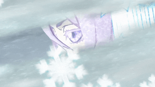 a close up of a person 's face with snowflakes behind it