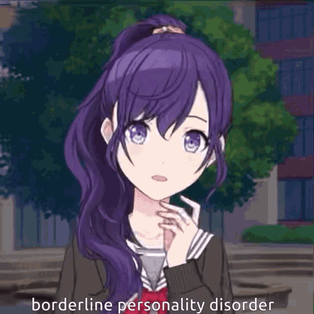 a girl with purple hair has the word borderline personality disorder on her face