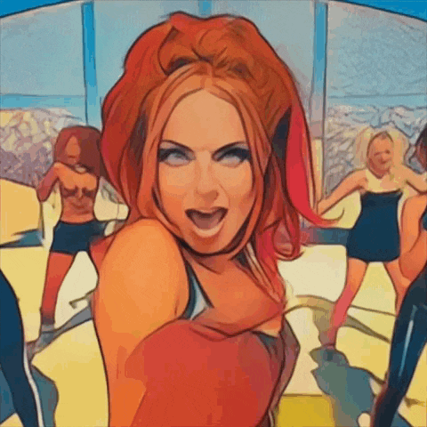 a cartoon of a woman with red hair dancing with other women