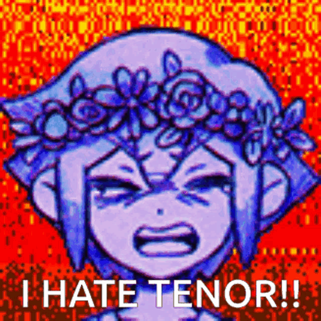 a pixel art of a girl with flowers on her head and the words `` i hate tenor '' .