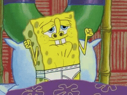 a cartoon of spongebob in underwear standing in a bed .