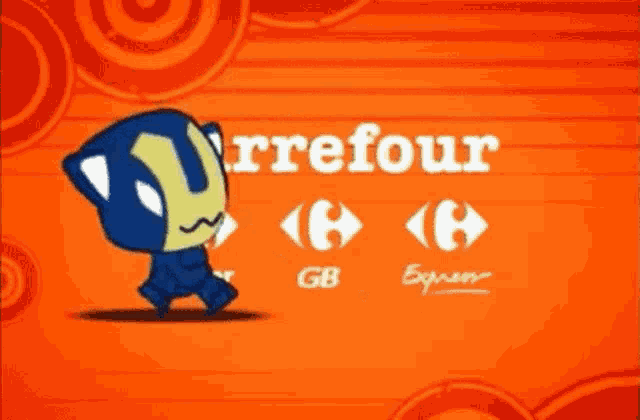 a cartoon character stands in front of a carrefour hyper express sign