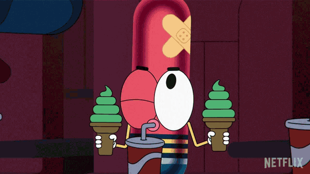 a cartoon character with a bandage on his head is holding two ice cream cones and a soda cup