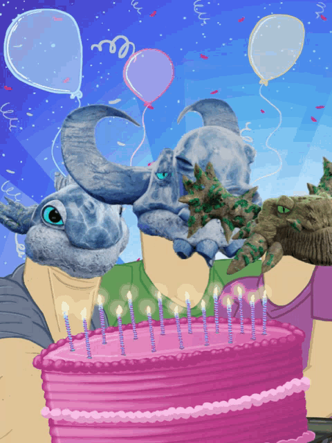 a birthday cake with candles and a couple of animals