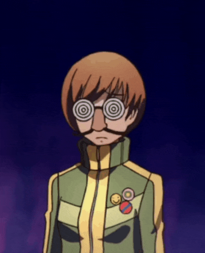 a cartoon character with hypnotic glasses and a smiley face on his jacket