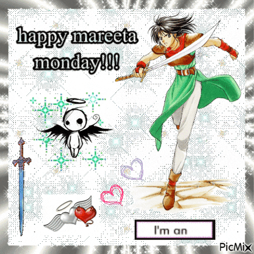 a happy mareeta monday greeting card with a picture of a boy holding a sword