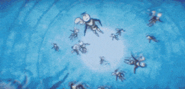 a painting of a group of people flying through the air with a light coming out of it .