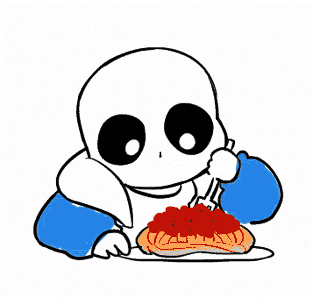 a cartoon drawing of a skeleton eating spaghetti with a fork