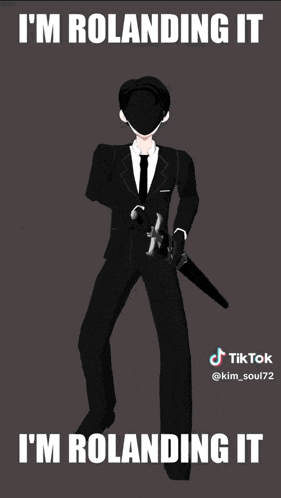 a man in a suit and tie is holding a sword and says " i 'm rolanding it "