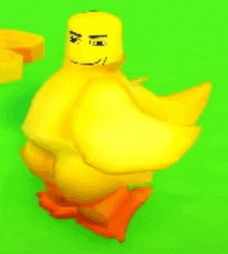 a yellow duck with orange feet and a yellow head is standing on top of a green field .