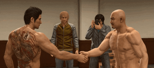 a man with a dragon tattoo on his back shakes hands with another man in a video game