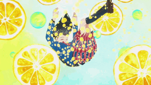 a girl in a school uniform is surrounded by lemon slices and bubbles