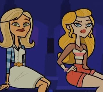 two blonde cartoon women are sitting next to each other with their hands on their hips