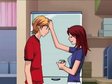 a woman touches a man 's forehead in a cartoon