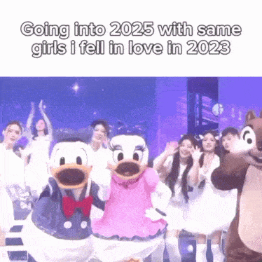 a group of girls are dancing with donald duck and daisy duck in a meme .