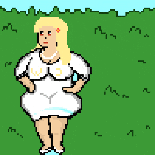 a pixel art drawing of a woman in a white dress standing in a field