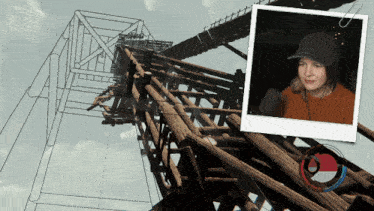 a picture of a woman sitting in front of a drawing of a bridge